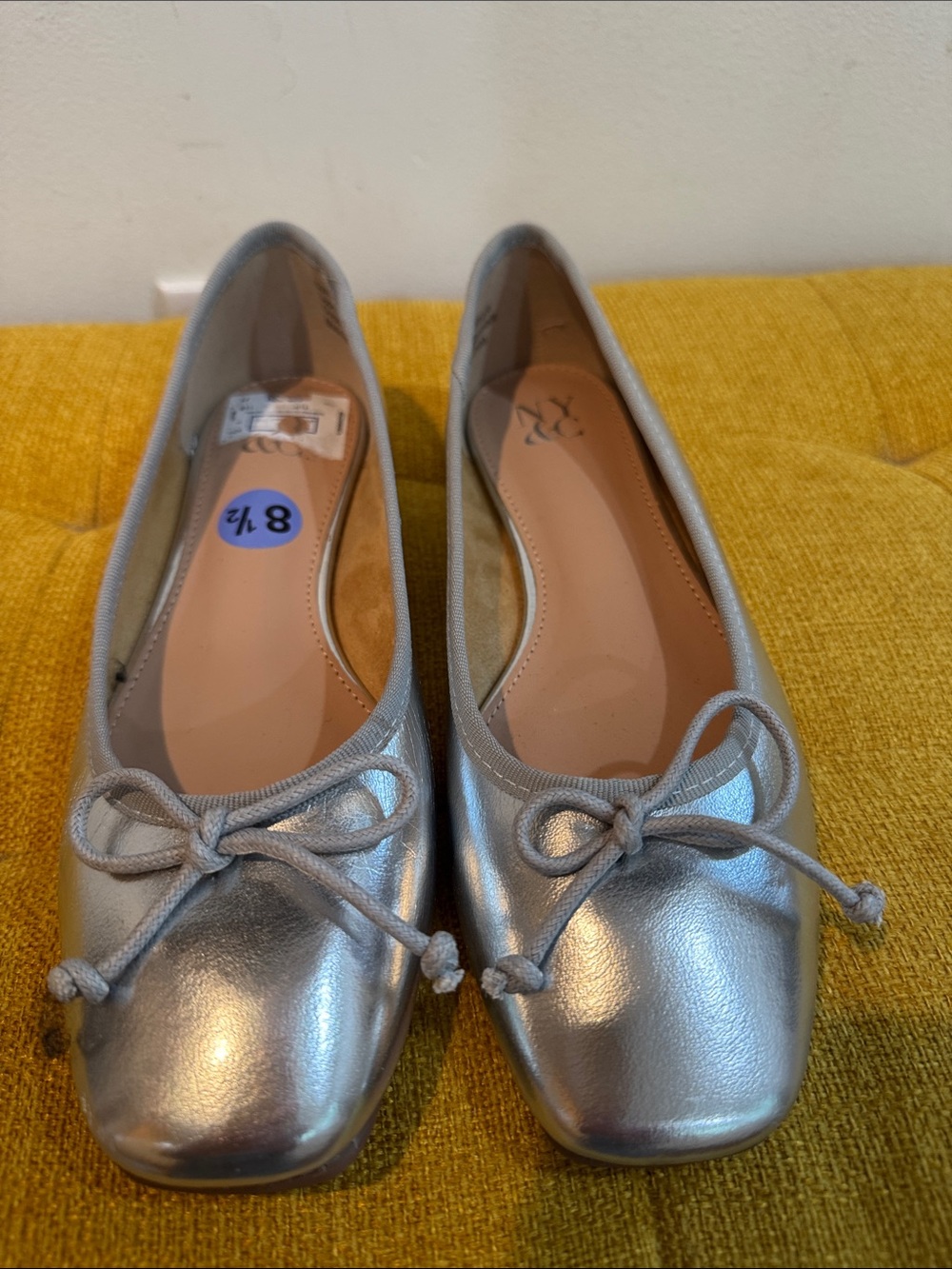 New York & Company Silver Metallic Ballet Flats with Knot Bow